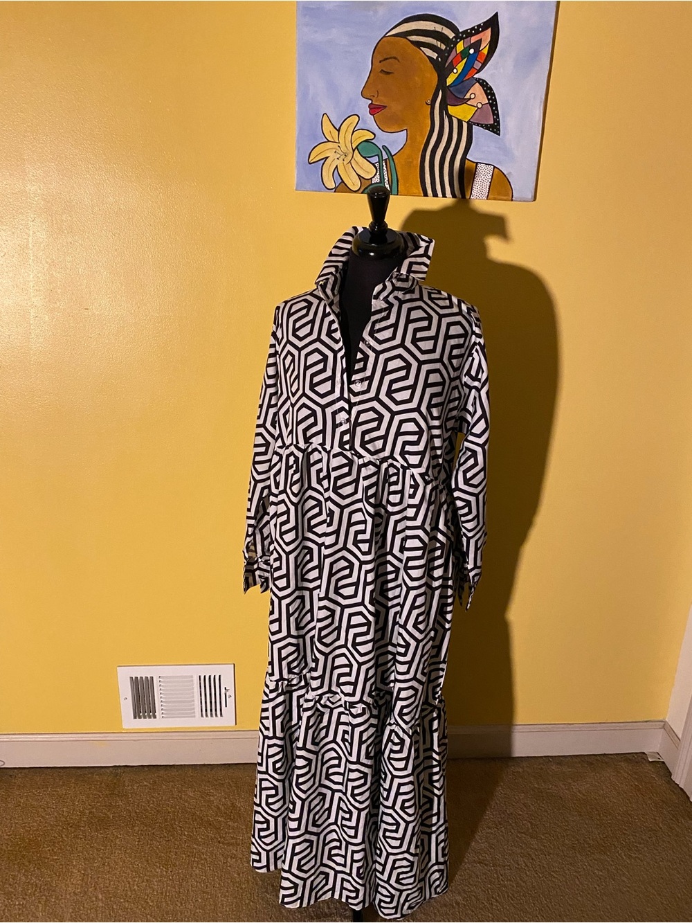 Black & White Geometric Long Sleeve Maxi Dress